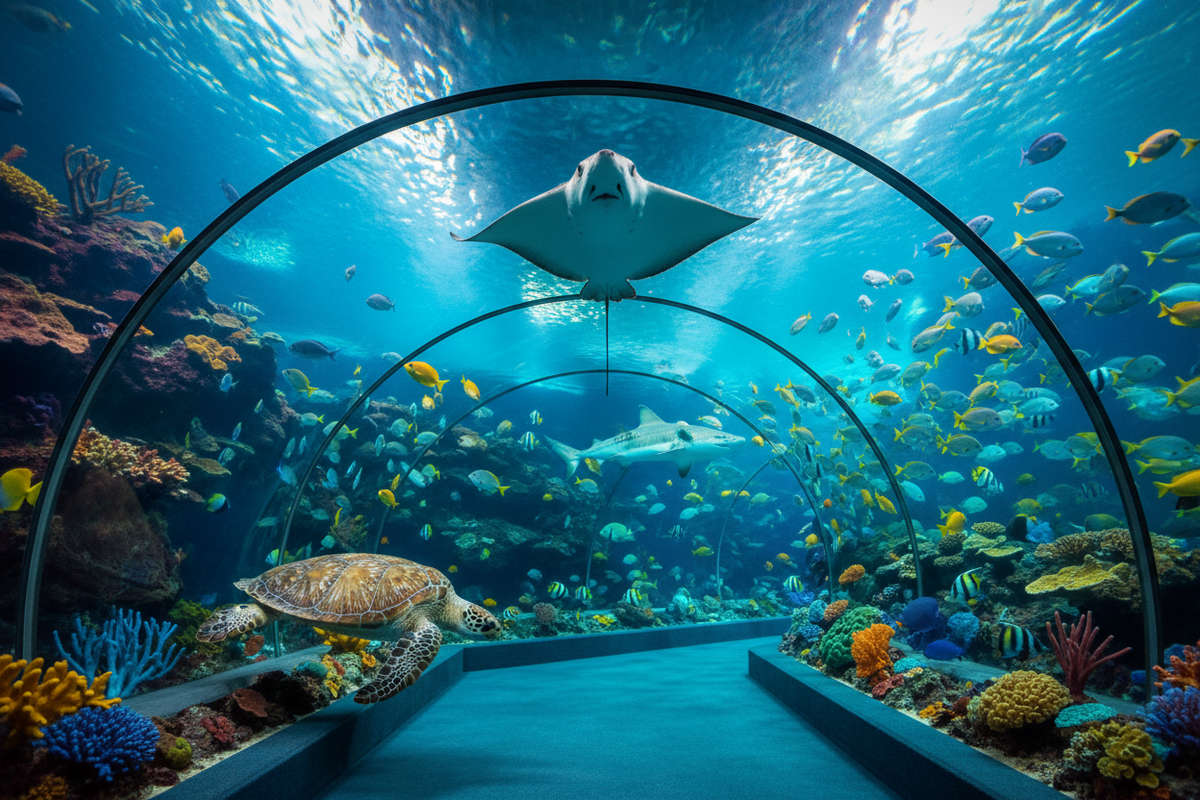 Aquaria KLCC travel guide cover with sharks, sea turtle, stingray and tropical fish