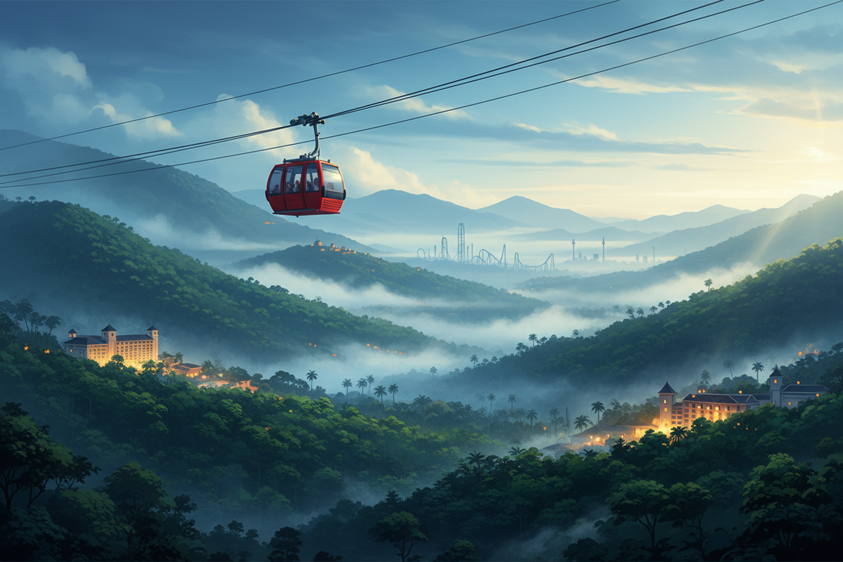 Genting Highlands travel guide cover with cable car and misty mountains